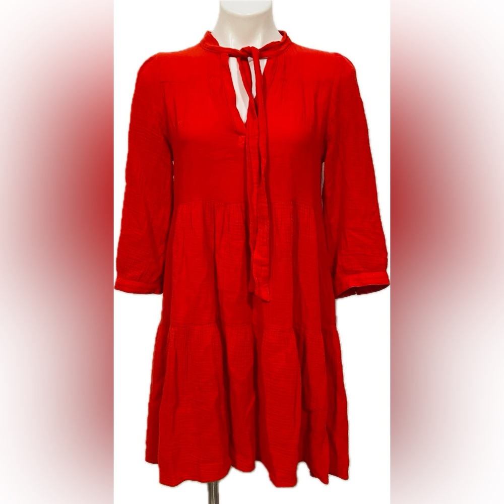 HONORINE GISELLE TIERED RED GAUZE THREE QUARTER SLEEVE LIGHTWEIGHT DRESS